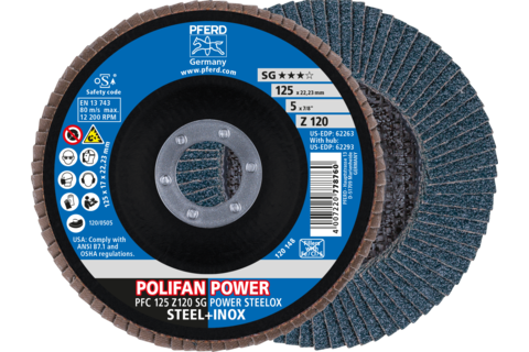 Ściernica listkowa POLIFAN POWER PFC 125 × 22,23 mm stożkowa Z120 SG STEELOX stal/stal nierdzewna