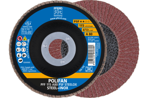 Ściernica listkowa POLIFAN PFF 115 × 22,23 mm płaska A80 linia uniwersalna PSF STEELOX stal/stal nierdzewna