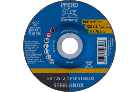 Ściernica tarczowa do cięcia EH 125 × 2,4 × 22,23 mm odgięta linia uniwersalna PSF STEELOX do stali/stali szlachetnej