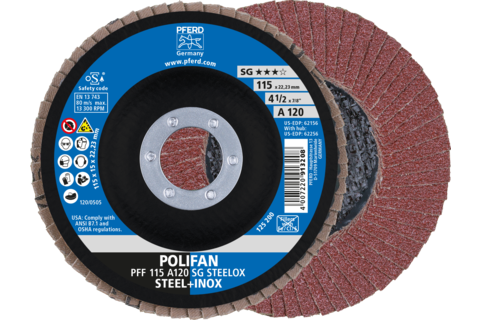 Ściernica listkowa POLIFAN PFF 115 × 22,23 mm płaska A120 linia wydajna SG STEELOX stal/stal nierdzewna