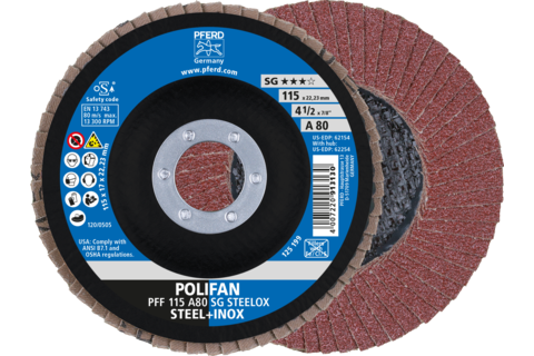Ściernica listkowa POLIFAN PFF 115 × 22,23 mm płaska A80 linia wydajna SG STEELOX stal/stal nierdzewna