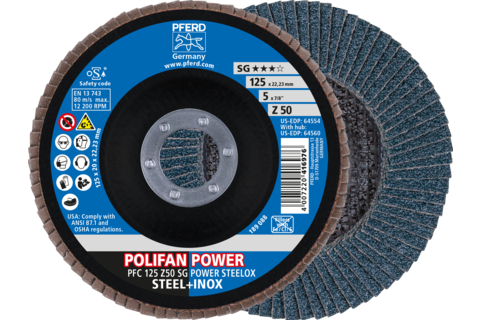 Ściernica listkowa POLIFAN POWER PFC 125 x 22,23 mm stożkowa Z50 linia wydajna SG STEELOX do stali/stali szlachetnej