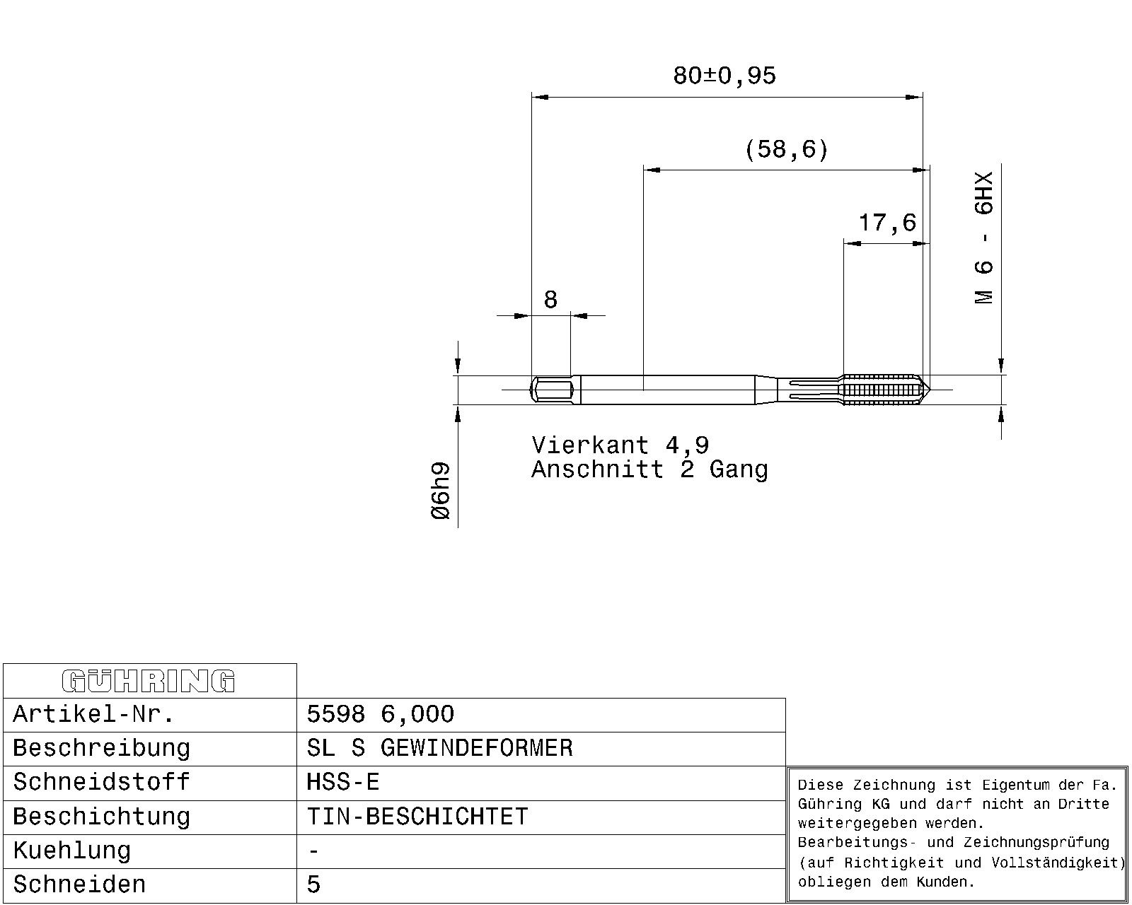 Wygniatak M2,5 / 6HX / ~DIN 371 / HSS-E / TiN