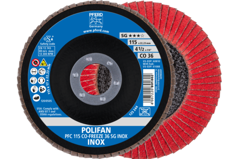 Ściernica listkowa POLIFAN PFC 115 × 22,23 mm stożkowa CO-FREEZE 36 SG INOX stal nierdzewna