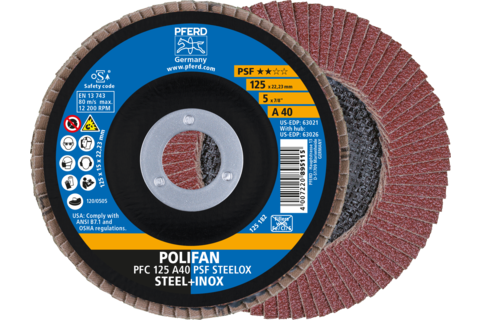 Ściernica listkowa POLIFAN PFC 125 × 22,23 mm stożkowa A40 linia uniwersalna PSF STEELOX stal/stal nierdzewna