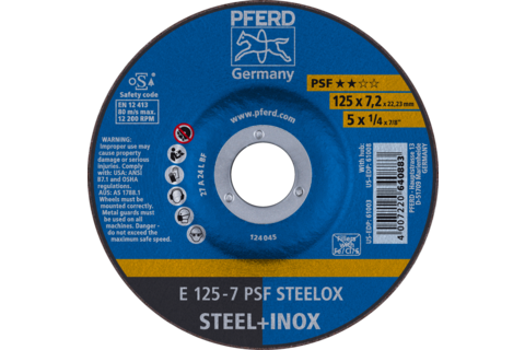 Ściernica tarczowa do zdzierania E 125 × 7,2 × 22,23 mm linia uniwersalna PSF STEELOX do stali/stali nierdzewnej