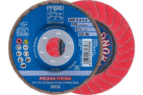 Ściernica listkowa POLIFAN STRONG PFC 115 × 22,23 mm stożkowa CO-FREEZE 36 SGP INOX do stali nierdzewnej