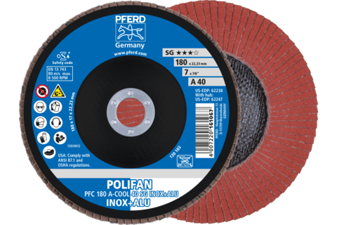 Ściernica listkowa POLIFAN PFC 180 × 22,23 mm stożkowa A-COOL 40 SG INOX+ALU stal nierdzewna/aluminium