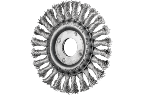 Szczotka tarczowa pleciona RBG Ø115 × 12 × 22,2 mm, drut ze stali nierdzewnej Ø0,50 mm do szlifierki kątowej