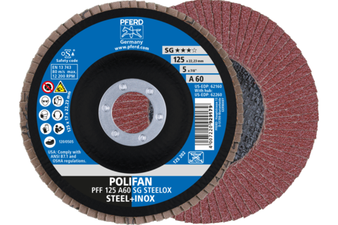 Ściernica listkowa POLIFAN PFF 125 × 22,23 mm płaska A60 linia wydajna SG STEELOX stal/stal nierdzewna