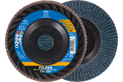 Ściernica listkowa POLIFAN PFC 115 x 22,23 mm stożkowa Z60 linia uniwersalna PSF TRIM STEELOX do stali/stali szlachetnej