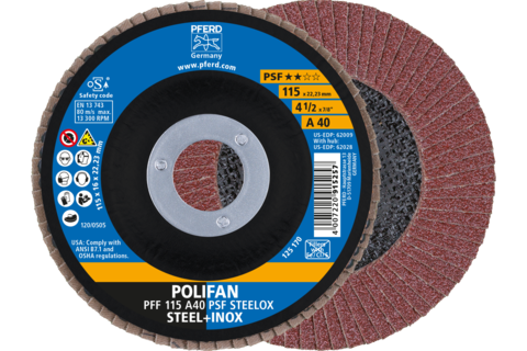 Ściernica listkowa POLIFAN PFF 115 × 22,23 mm płaska A40 linia uniwersalna PSF STEELOX stal/stal nierdzewna