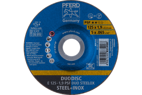 DUODISC Cięcie/szlifowanie E 125 × 1,9 × 22,23 mm kratka Uni.-Linie PSF DUO STEELOX do stali/stali nierdzewnej