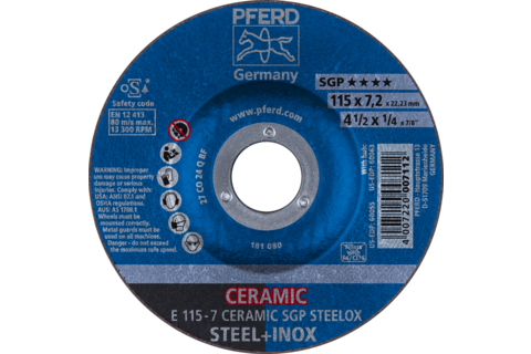 Ściernica tarczowa do zdzierania E 115 × 7,2 × 22,23 mm CERAMIC linia wydajna SG STEELOX do stali/stali nierdzewnej