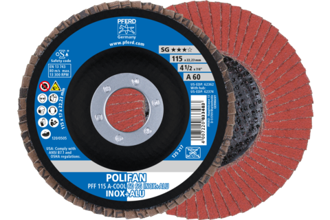 Ściernica listkowa POLIFAN PFF 115 × 22,23 mm płaska A-COOL 60 SG INOX+ALU stal nierdzewna/aluminium