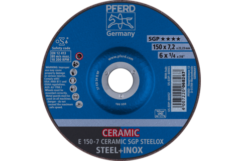 Ściernica tarczowa do zdzierania E 150 × 7,2 × 22,23 mm CERAMIC linia wydajna SG STEELOX do stali/stali nierdzewnej