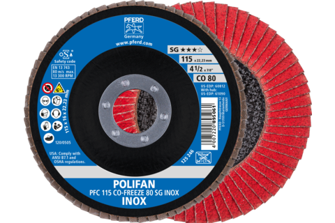 Ściernica listkowa POLIFAN PFC 115 × 22,23 mm stożkowa CO-FREEZE 80 SG INOX stal nierdzewna