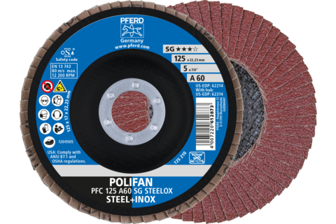 Ściernica listkowa POLIFAN PFC 125 × 22,23 mm stożkowa A60 SG STEELOX stal/stal nierdzewna