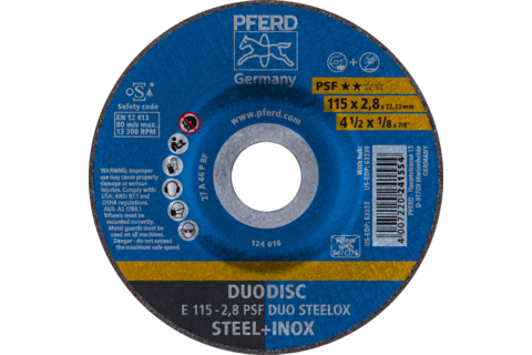DUODISC Cięcie/szlifowanie E 115 × 2,8 × 22,23 mm kratka Uni.-Linie PSF DUO STEELOX do stali/stali nierdzewnej
