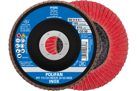 Ściernica listkowa POLIFAN PFF 115 × 22,23 mm płaska CO-FREEZE 50 linia wydajna SG INOX stal nierdzewna