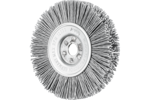 Szczotka tarczowa wąska niepleciona RBU Ø100 × 12 × 12 mm otwór, włókno SiC Ø0,90 ziarno 180