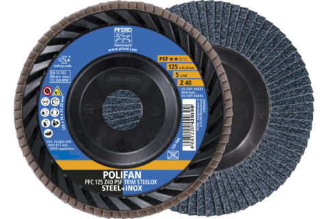 Ściernica listkowa POLIFAN PFC 125 x 22,23 mm stożkowa Z40 linia uniwersalna PSF TRIM STEELOX do stali/stali szlachetnej